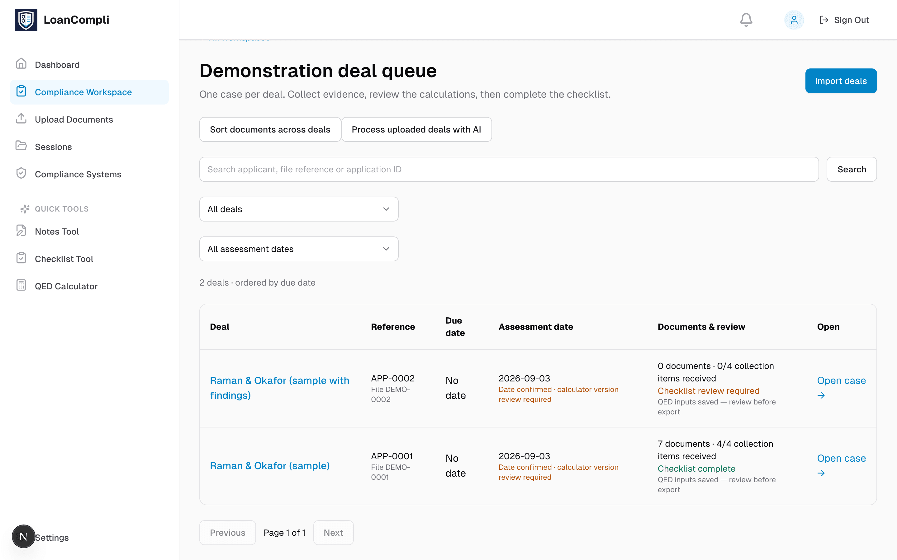 The deal queue: each case with its reference, due date, assessment date, document count and review status, with filters for deals and assessment dates.