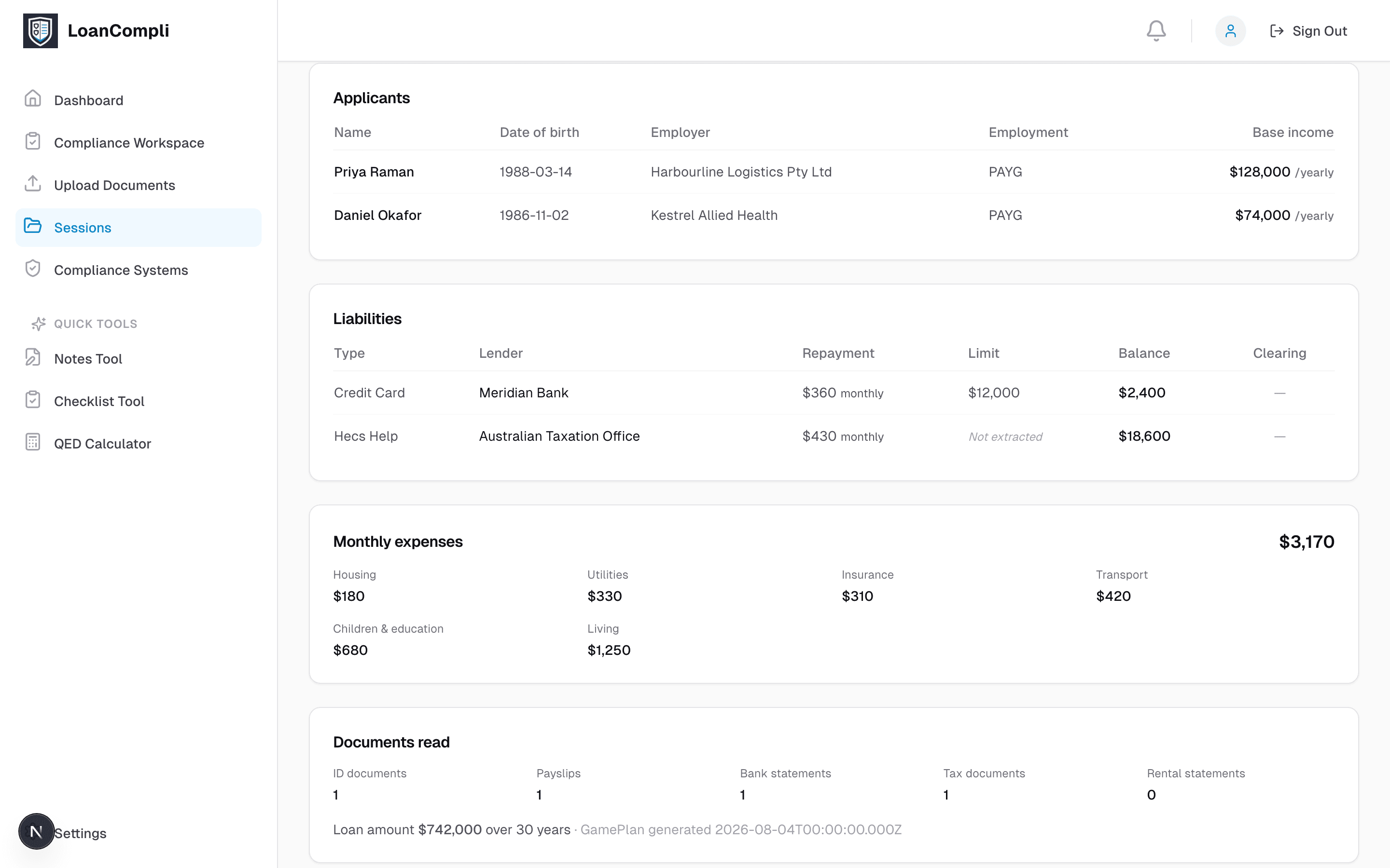 A deal summary listing both applicants with their employers and base income, the declared liabilities with limits and balances, and monthly expenses broken down by category.
