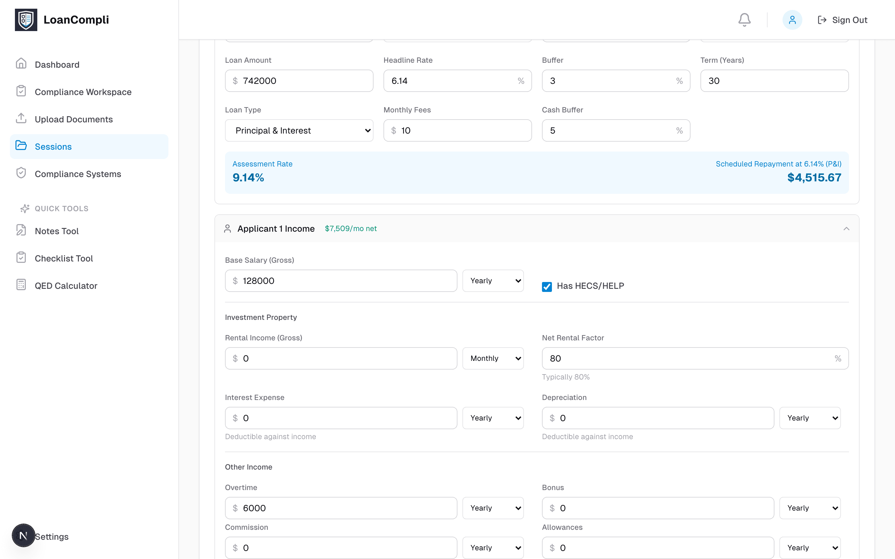 The QED serviceability calculator filled in from the Game Plan: loan amount, headline rate, buffer and term, then applicant income including overtime and a HECS-HELP flag.